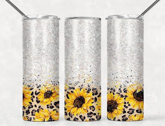 Cheetah Glitter Sunflower- 20oz or 30oz Skinny Tumblers w/ Lid and Metal Straw