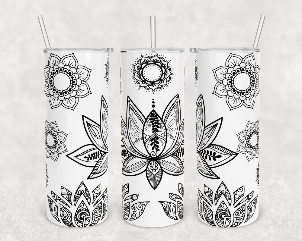 B&W Lotus Flower- 20 oz or 30oz Skinny Tumblers w/ Lid and Metal Straw