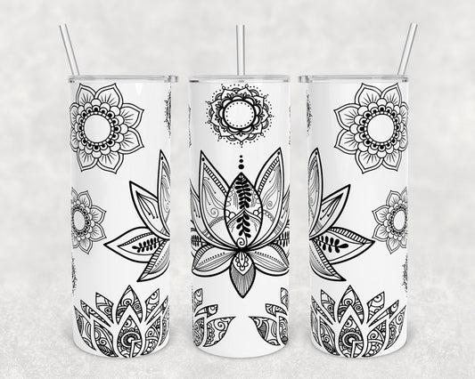 B&W Lotus Flower- 20 oz or 30oz Skinny Tumblers w/ Lid and Metal Straw