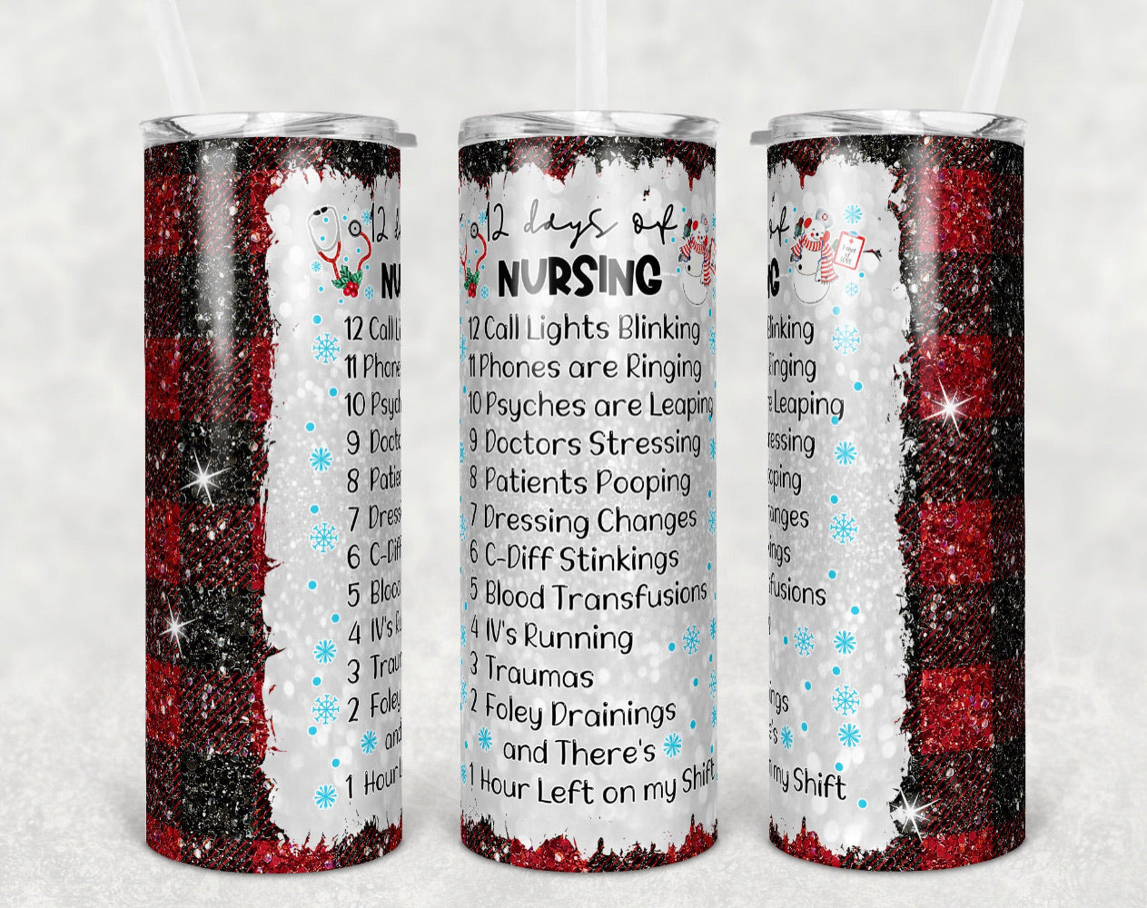 Nursing Christmas Pattern - 20oz or 30oz Skinny Tumblers w/ Lid and Metal Straw