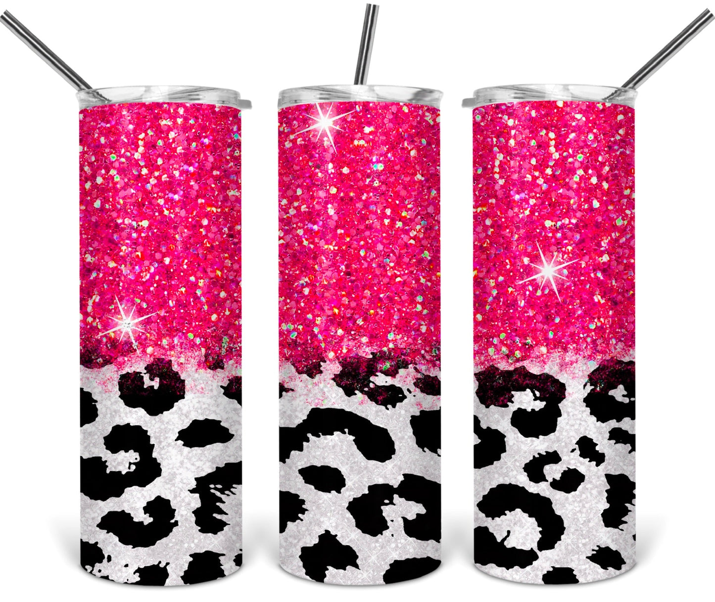 Pink and White Glitter Leopard Sparkles Glitter - 20oz or 30oz Skinny Tumblers w/ Lid and Metal Straw