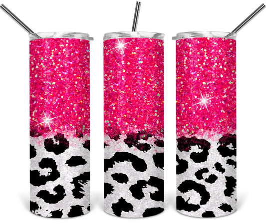 Pink and White Glitter Leopard Sparkles Glitter - 20oz or 30oz Skinny Tumblers w/ Lid and Metal Straw