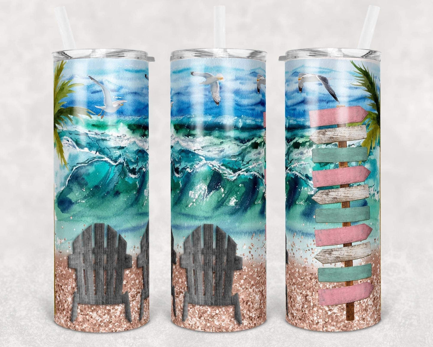 Seaside Directions  w/ Chairs - 20oz or 30oz Skinny Tumblers w/ Lid and Metal Straw