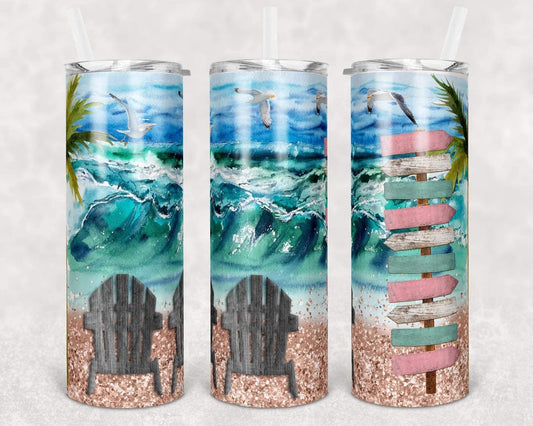 Seaside Directions  w/ Chairs - 20oz or 30oz Skinny Tumblers w/ Lid and Metal Straw