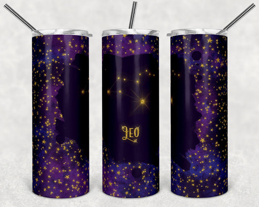 Leo Purple & Gold Zodiac - 20oz or 30oz Skinny Tumblers w/ Lid and Metal Straw