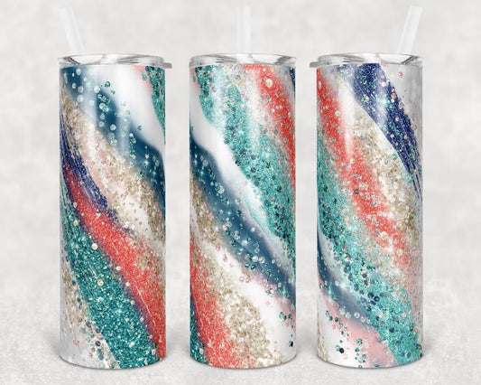 Teal and Pink Milkyways Glitter - 20 oz or 30oz Skinny Tumblers w/ Lid and Metal Straw