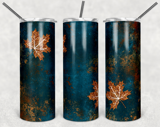 Teal Fall  Leaves -  20oz or 30oz Skinny Tumblers w/ Lid and Metal Straw