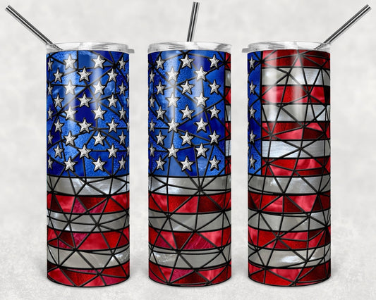 Stained Glass American Flag - 20 oz or 30oz Skinny Tumblers w/ Lid and Metal Straw