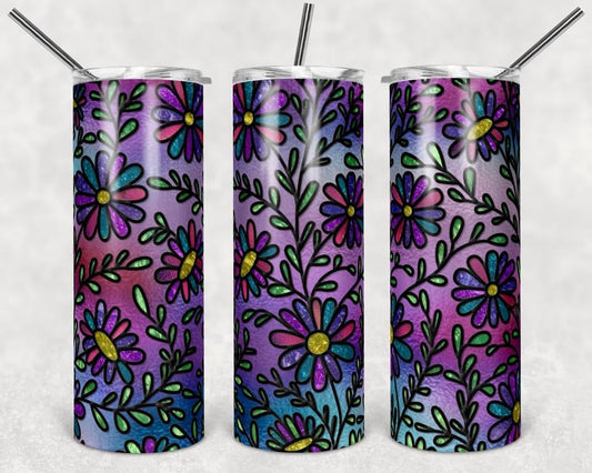 Stained Glass Flowers - 20 oz or 30oz Skinny Tumblers w/ Lid and Metal Straw