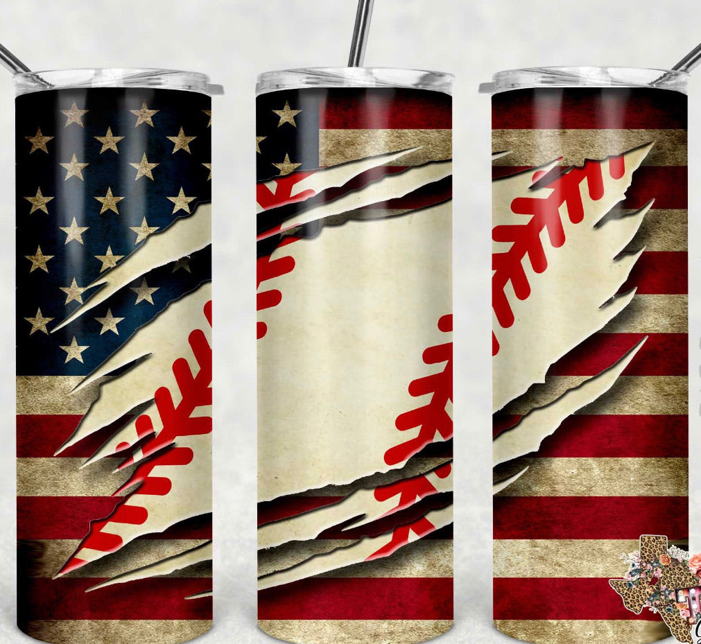 American Flag Baseball- 20oz or 30oz Skinny Tumblers w/ Lid and Metal Straw
