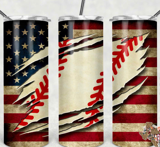 American Flag Baseball- 20oz or 30oz Skinny Tumblers w/ Lid and Metal Straw