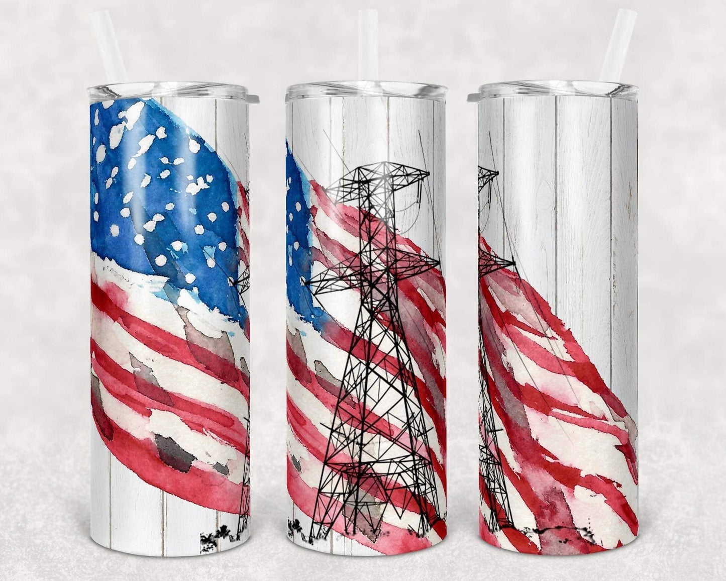 American Flag Lineman - 20oz or 30oz Skinny Tumblers w/ Lid and Metal Straw