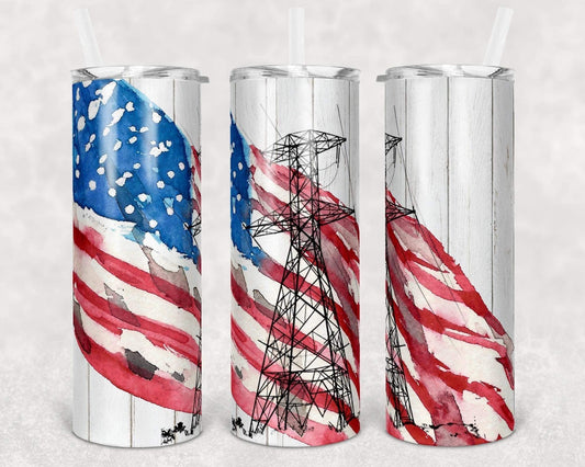 American Flag Lineman - 20oz or 30oz Skinny Tumblers w/ Lid and Metal Straw