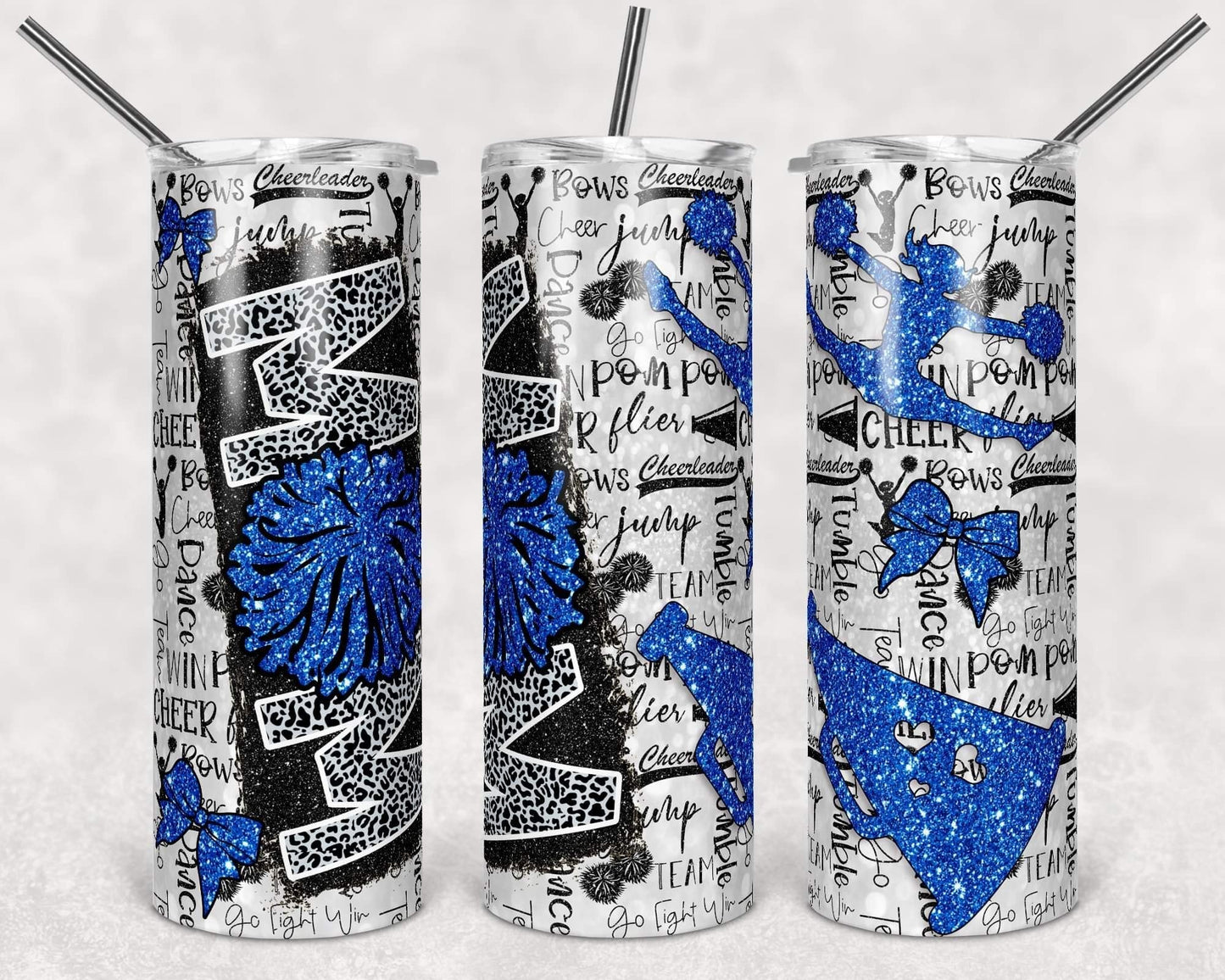 Blue Cheetah Cheer Mom - 20oz or 30oz Skinny Tumblers w/ Lid and Metal Straw