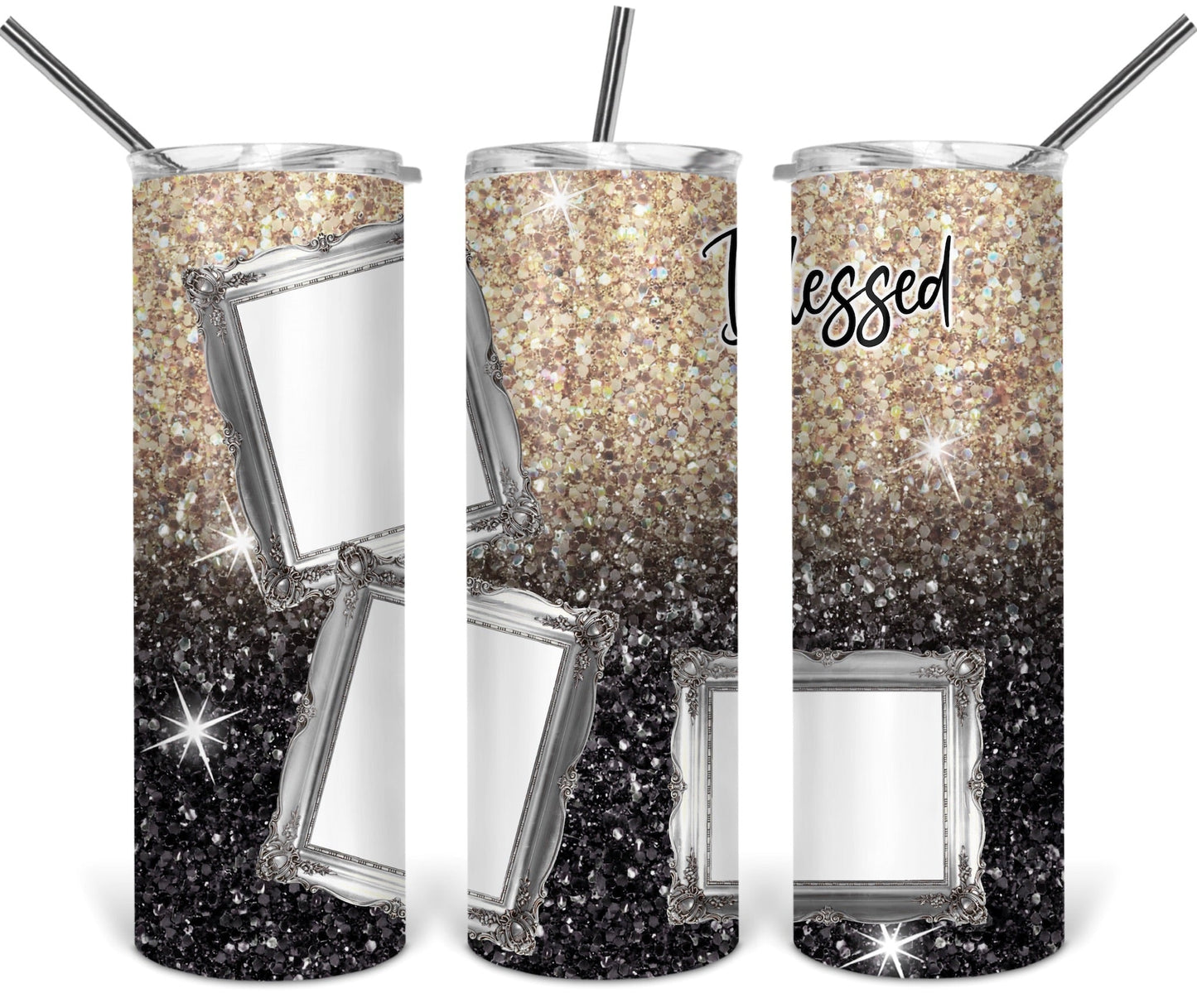 Gold and Black Glitter Blessed- 20oz or 30oz Skinny Tumblers w/ Lid and Metal Straw