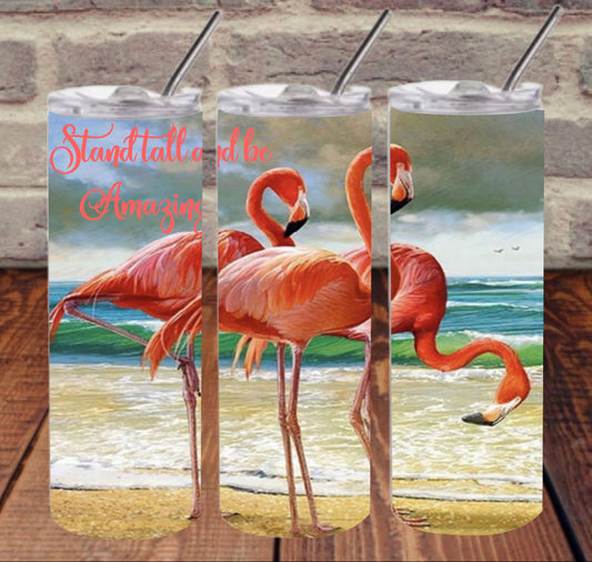 Pink Flamingo Animal -20 oz or 30oz Skinny Tumblers w/ Lid and Metal Straw