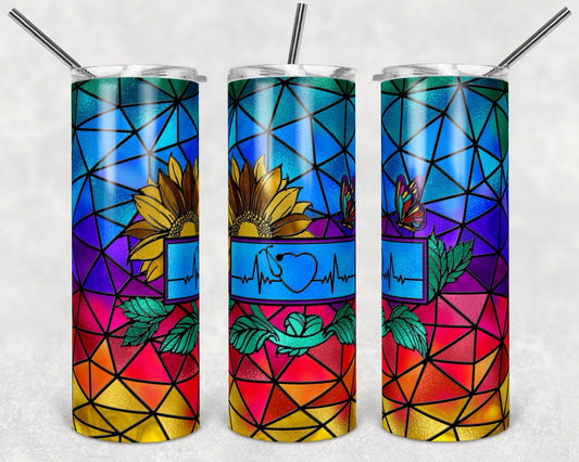 Stained Glass Nurse- 20oz or 30oz Skinny Tumblers w/ Lid and Metal Straw