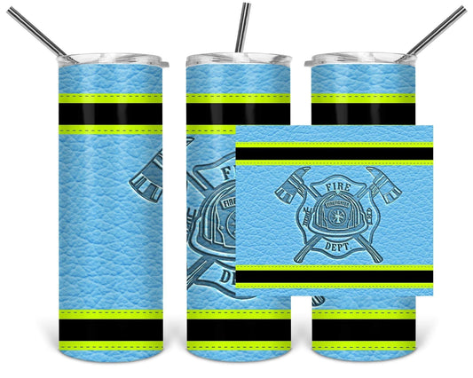 Yellow, Light Blue & Black Leather Fire Dep. - 20oz or 30oz Skinny Tumblers w/ Lid and Metal Straw