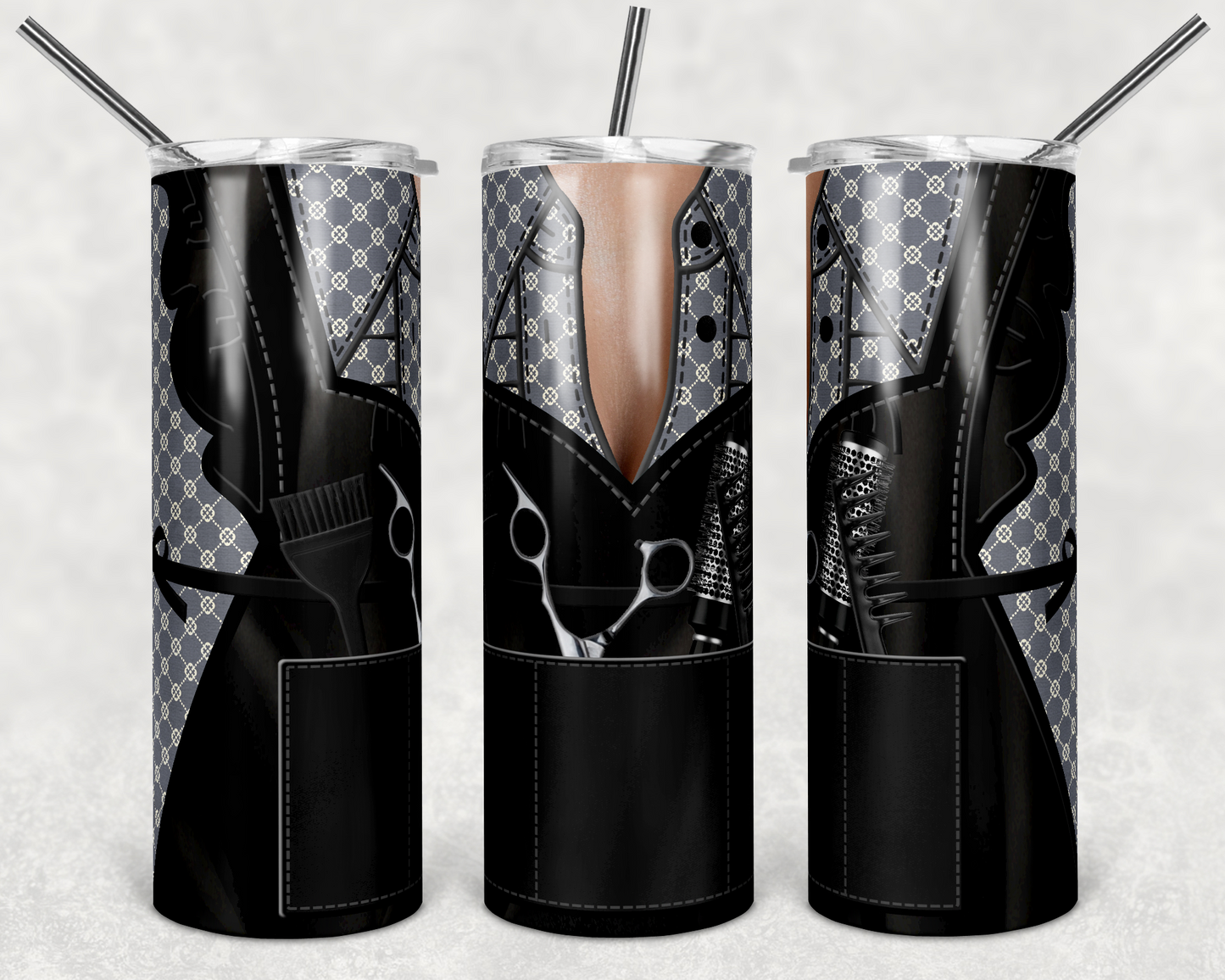 Gray Plaid Hair Apron - 20oz or 30oz Skinny Tumblers w/ Lid and Metal Straw