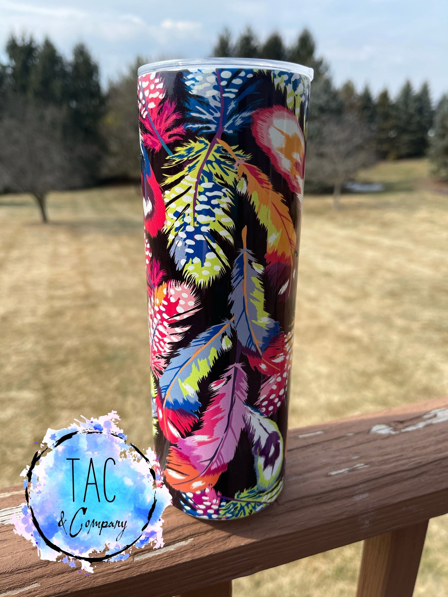 Colorful Feathers - 20 oz Skinny Tumblers w/ Lid and Metal Straw '