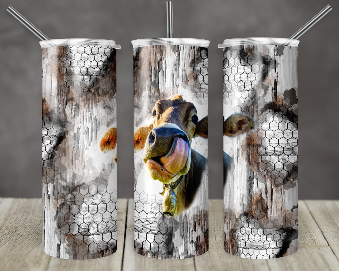 Cow Whitewood Honeycomb- 20oz or 30oz Skinny Tumblers w/ Lid and Metal Straw