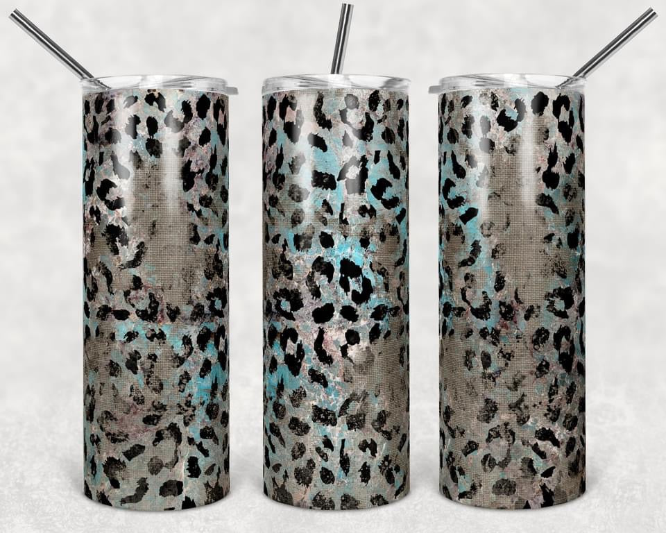 Blue & Gray Cheetah Floral - 20oz or 30oz Skinny Tumblers w/ Lid and Metal Straw