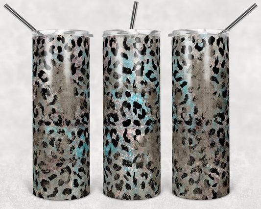 Blue & Gray Cheetah Floral - 20oz or 30oz Skinny Tumblers w/ Lid and Metal Straw