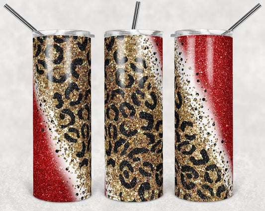 Red, White and Cheetah Glitter - 20oz or 30oz Skinny Tumblers w/ Lid and Metal Straw