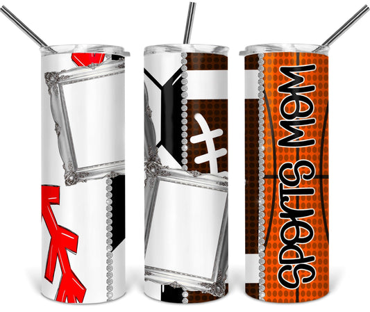 Sports Mom with Picture -20oz or 30oz as Skinny Tumblers w/ Lid and Metal Straw