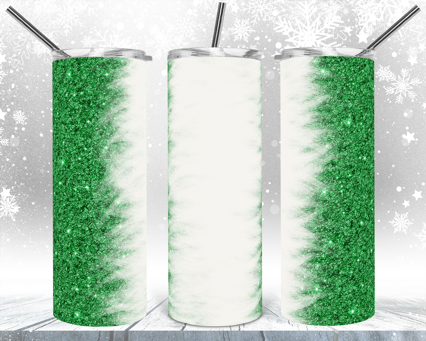 Green Glitter Feather White - 20oz or 30oz Skinny Tumblers w/ Lid and Metal Straw