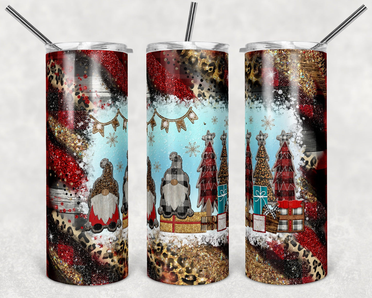 Red Gnomes Christmas Glitter- 20oz or 30oz Skinny Tumblers w/ Lid and Metal Straw