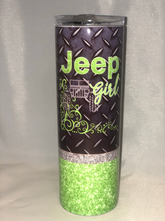 Green Jeep -20 oz Skinny Tumblers w/Lid and Metal Straw