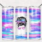 White Pink & Teal Mom Bun- 20 oz Skinny Tumblers w/ Lid and Metal Straw