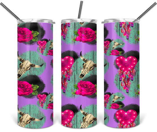 Roses , Skulls and purple background20oz or 30oz as Skinny Tumblers w/ Lid and Metal Straw