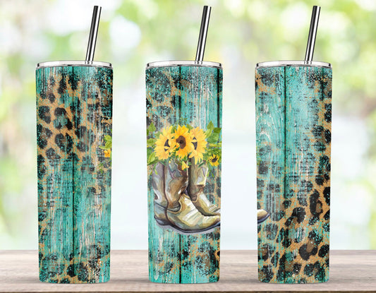 Boots with sunflower Teal Wood Leopard -  20oz or 30oz Skinny Tumblers w/ Lid and Metal Straw