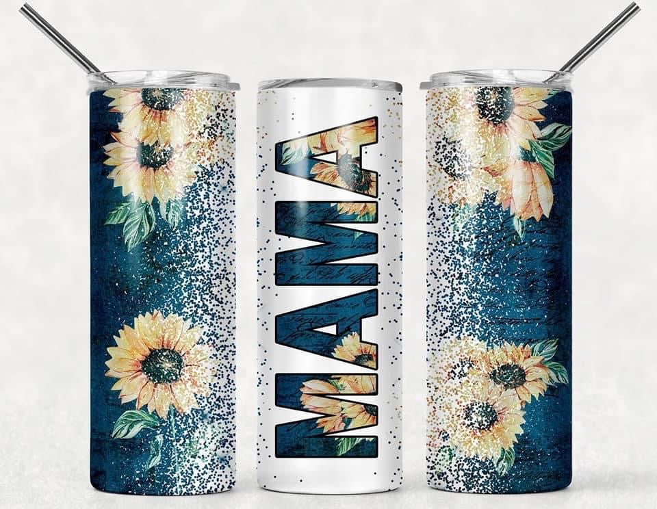 Mama Cheetah Glitter Sunflower- 20oz or 30oz Skinny Tumblers w/ Lid and Metal Straw