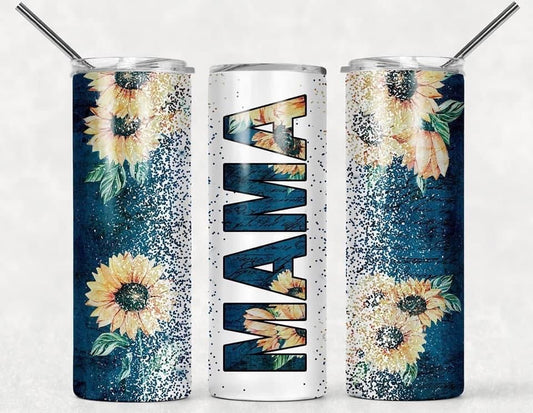 Mama Cheetah Glitter Sunflower- 20oz or 30oz Skinny Tumblers w/ Lid and Metal Straw