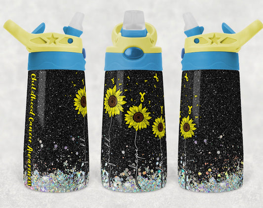 Silver , Black Glitter Sunflowers, Kids Cancer - 12oz Kids Flip Cup water Bottle Tumbler