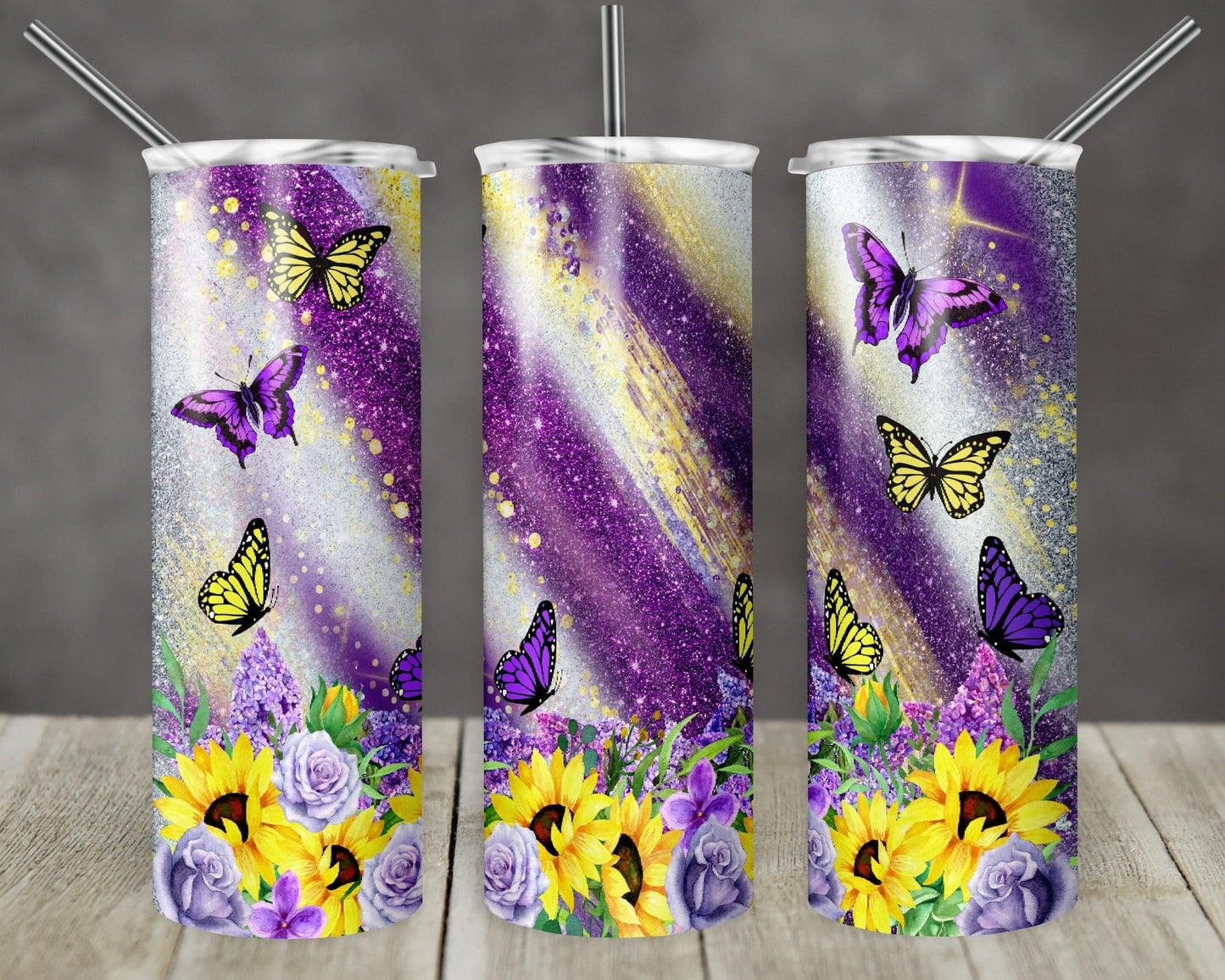 Butterfly Purple Yellow & White Striped- 20oz or 30oz Skinny Tumblers w/ Lid and Metal Straw