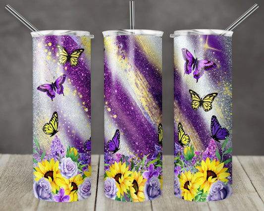 Butterfly Purple Yellow & White Striped- 20oz or 30oz Skinny Tumblers w/ Lid and Metal Straw