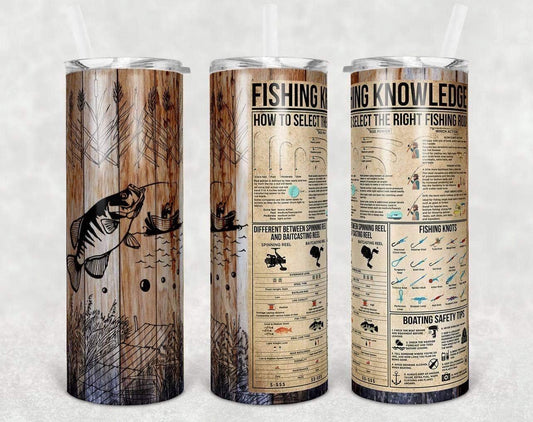 Fishing Knowledge Wood- 20 oz or 30oz Skinny Tumblers w/ Lid and Metal Straw