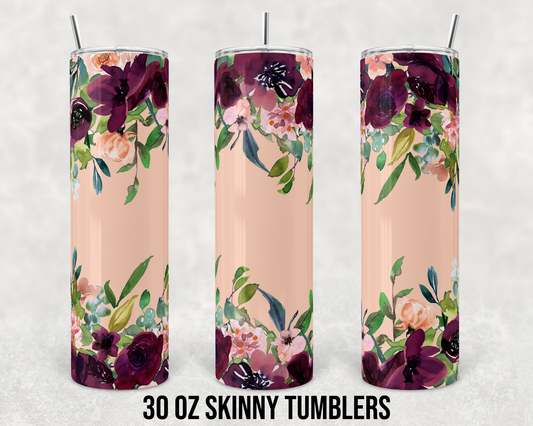 Tan Floral - 30oz Skinny Tumblers w/ Lid and Metal Straw