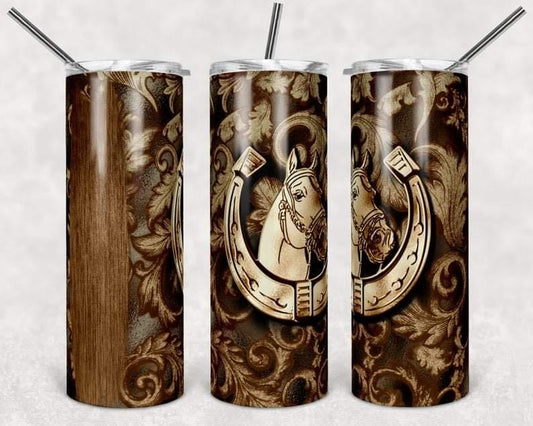 Brown Leather Horse Shoe- 20 oz or 30oz Skinny Tumblers w/ Lid and Metal Straw