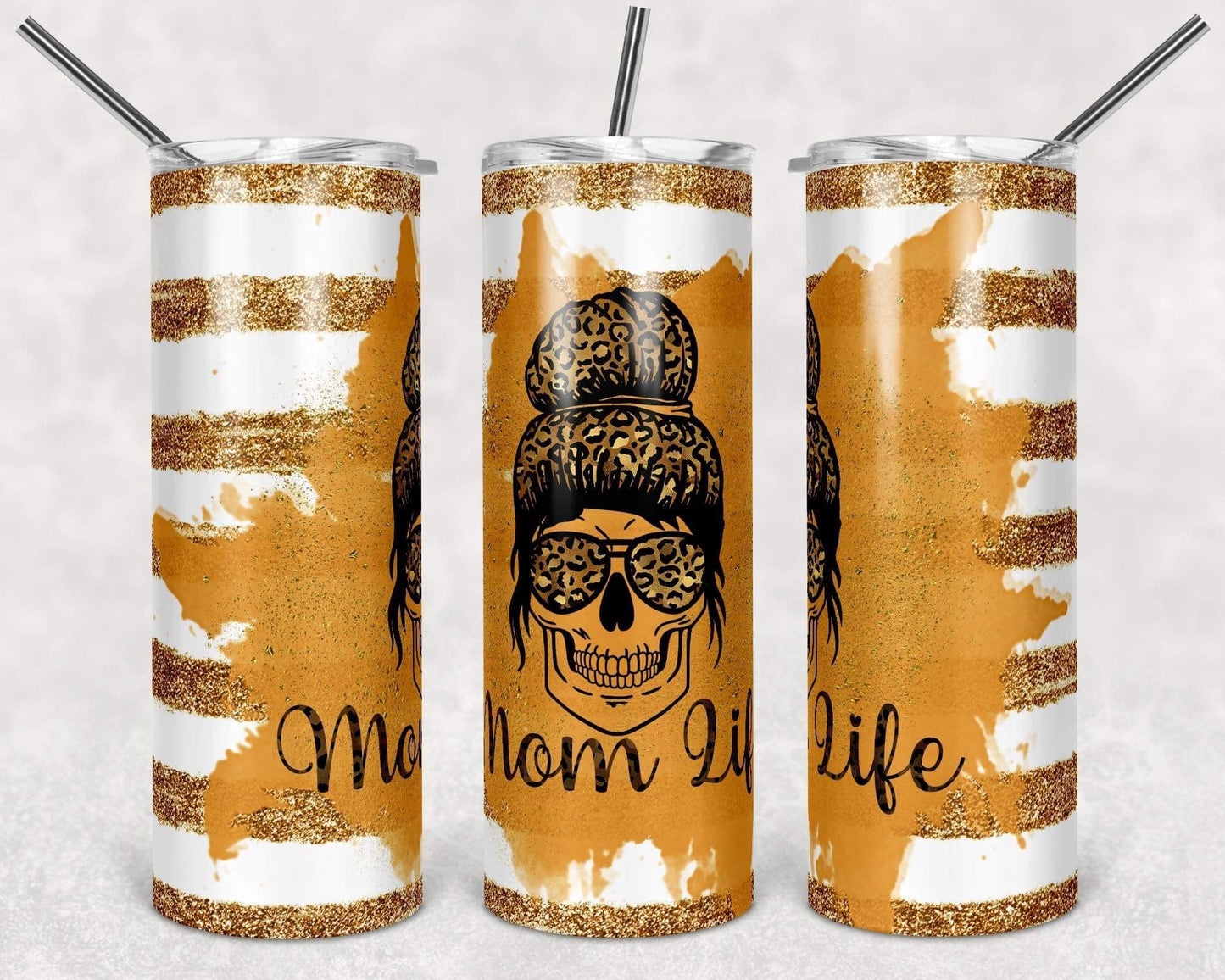 Orange Cheetah Skull Mom Life- 20oz or 30oz Skinny Tumblers w/ Lid and Metal Straw