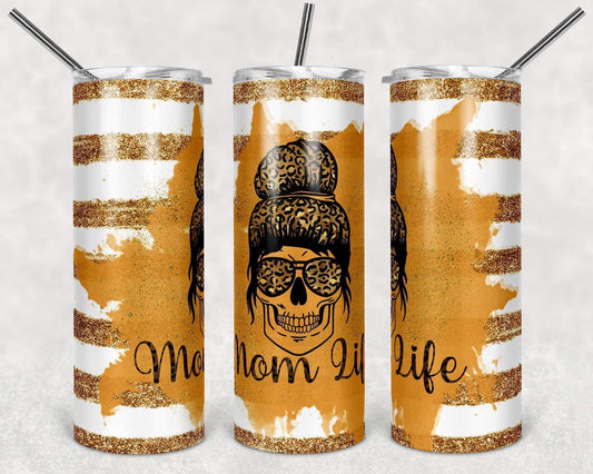 Orange Cheetah Skull Mom Life- 20oz or 30oz Skinny Tumblers w/ Lid and Metal Straw