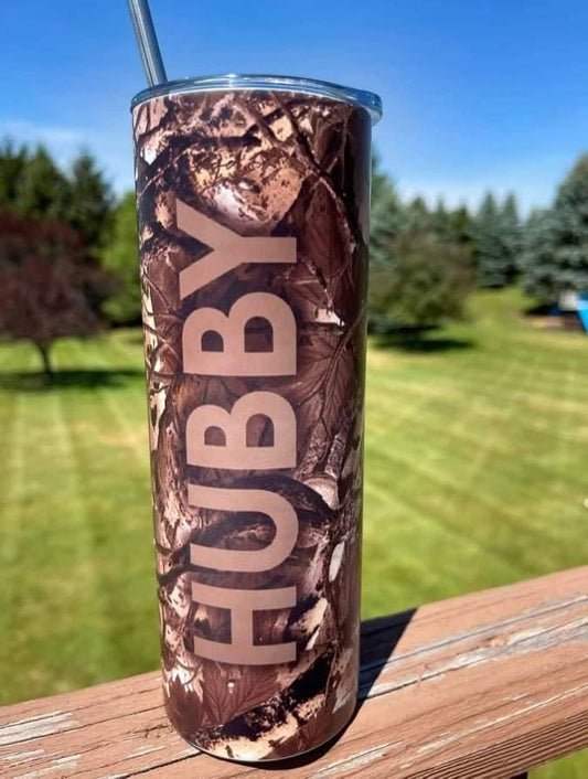 Camo Hubby - 20 oz or 30oz Skinny Tumblers w/ Lid and Metal Straw