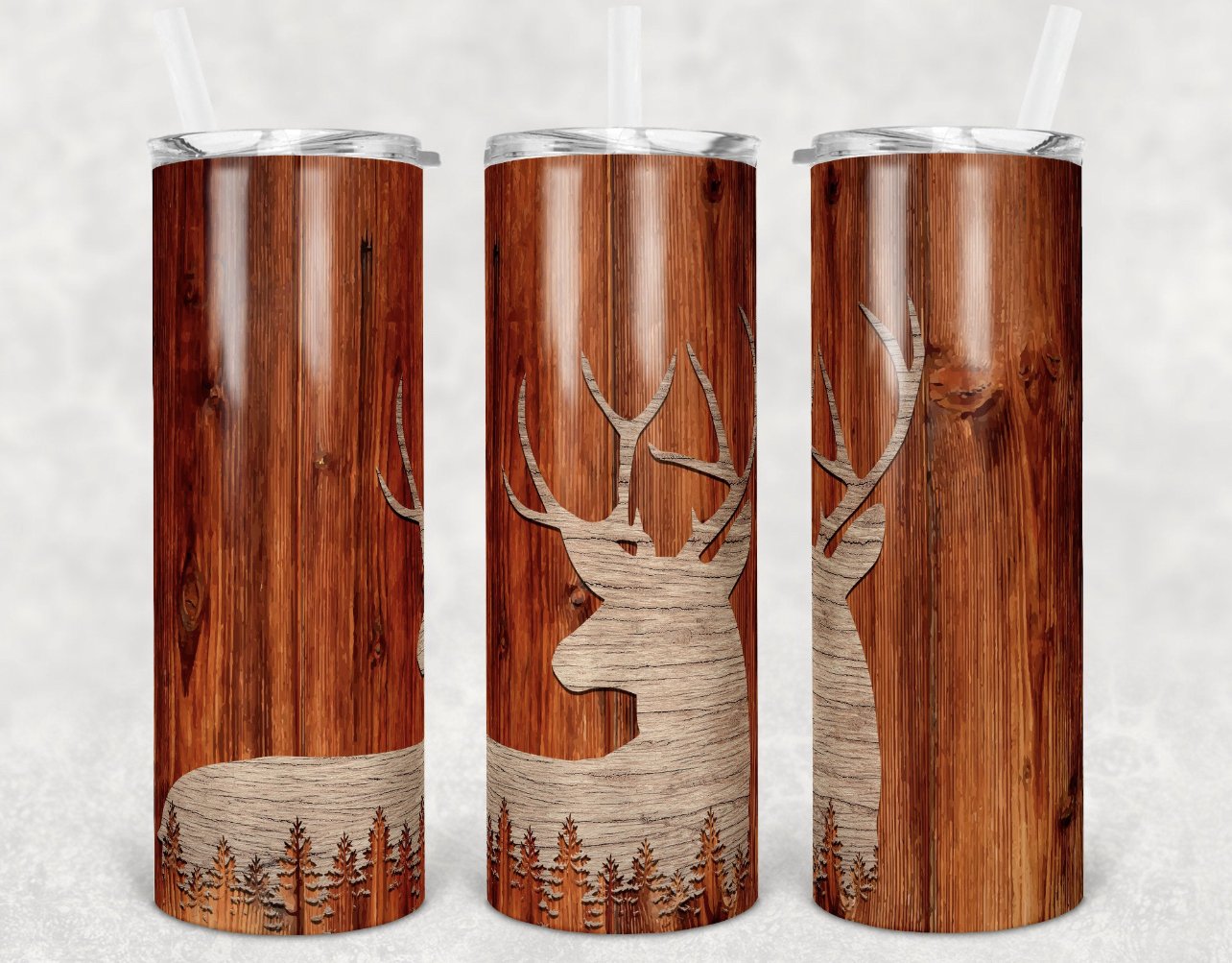 Woodgrain Deer  - 20 oz Skinny Tumblers w/ Lid and Metal Straw '