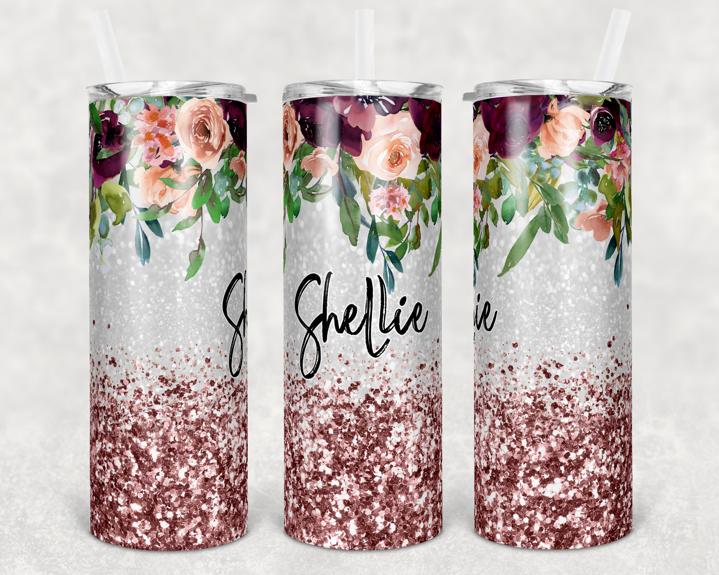 Pink Glitter Floral Name- 20oz or 30oz Skinny Tumblers w/ Lid and Metal Straw