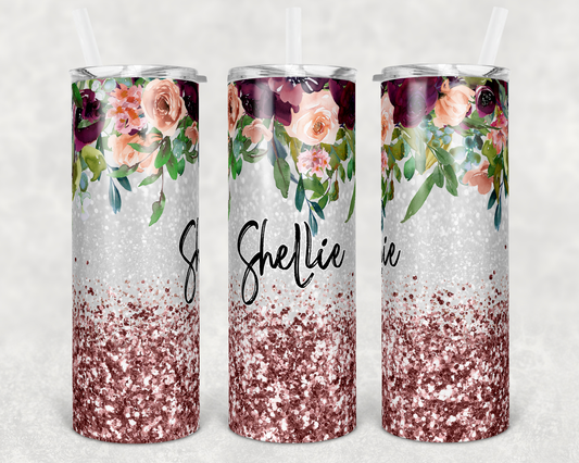 Pink Glitter Floral Name- 20oz or 30oz Skinny Tumblers w/ Lid and Metal Straw