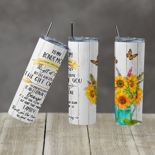 To my Bonus Mom - 20 oz or 30oz Skinny Tumblers w/ Lid and Metal Straw
